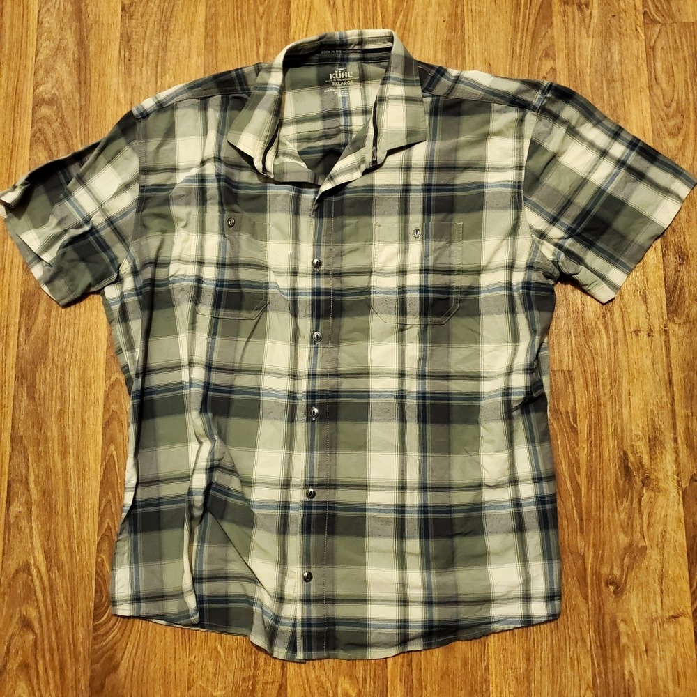 Kuhl Shirt Men 2XL Green Plaid Tapered Fit Short Sleeve Pockets Hiking